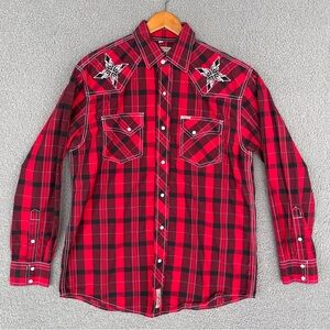 RAFTER C Mens Large Pearl Snap Western Shirt Long Sleeve Embroidered Red Plaid